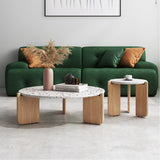 Modern White Terrazzo & Wooden End Table Set – Round Coffee Side Tables