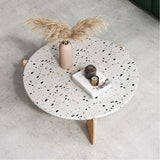 Modern White Terrazzo & Wooden End Table Set – Round Coffee Side Tables