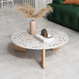 Modern White Terrazzo & Wooden End Table Set – Round Coffee Side Tables