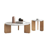 Modern White Terrazzo & Wooden End Table Set – Round Coffee Side Tables