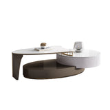 Modern Extendable Oval Coffee Table with Sintered Stone Top, Wood Frame & Dual Storage Drawers