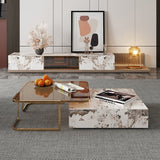 Modern Extendable Brown TV Stand with Storage Drawers & Glass Highlights for Up to 85