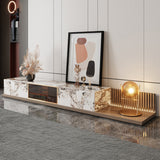 Modern Extendable Brown TV Stand with Storage Drawers & Glass Highlights for Up to 85" TVs