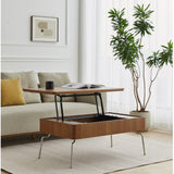Brown Rectangular Lift Top Coffee Table with Storage & Adjustable Height - Stainless Steel Legs