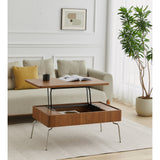 Brown Rectangular Lift Top Coffee Table with Storage & Adjustable Height - Stainless Steel Legs