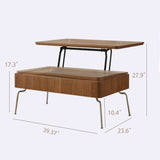 Brown Rectangular Lift Top Coffee Table with Storage & Adjustable Height - Stainless Steel Legs