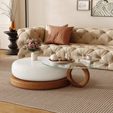 WEHOMZ Modern Round Coffee Table with Glass Top & Dual-Tier Solid Wood Base