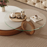 WEHOMZ Modern Round Coffee Table with Glass Top & Dual-Tier Solid Wood Base