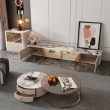 Modern Round Coffee Table Set with Sintered Stone Top, 2 Drawers & Gold Metal Legs