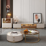 Modern Round Coffee Table Set with Sintered Stone Top, 2 Drawers & Gold Metal Legs