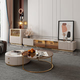 Modern Round Coffee Table Set with Sintered Stone Top, 2 Drawers & Gold Metal Legs