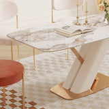 Modern White Marble Dining Table with Gold Stainless Steel X-Base