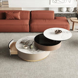 Nested Round Coffee Table Set with Storage & Sintered Stone Top - White & Gray