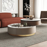 Nested Round Coffee Table Set with Storage & Sintered Stone Top - White & Gray