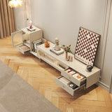Beige Extendable TV Stand with Sliding Glass Door, Bookshelf & 3 Drawers