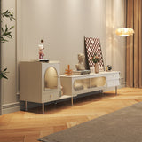 Beige Extendable TV Stand with Sliding Glass Door, Bookshelf & 3 Drawers