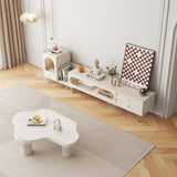 Beige Extendable TV Stand with Sliding Glass Door, Bookshelf & 3 Drawers
