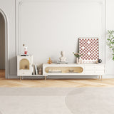 Beige Extendable TV Stand with Sliding Glass Door, Bookshelf & 3 Drawers