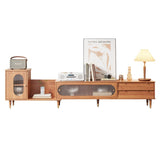 Modern Brown Wood TV Stand with Expandable Bookshelf & Storage Drawers