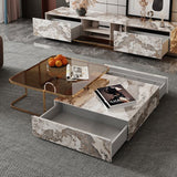 Modern Rectangular Coffee & End Table Set with Sintered Stone & Tawny Glass, Dual Drawers