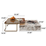Modern Rectangular Coffee & End Table Set with Sintered Stone & Tawny Glass, Dual Drawers