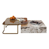 Modern Rectangular Coffee & End Table Set with Sintered Stone & Tawny Glass, Dual Drawers