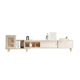 Beige TV Stand with Extendable Design, Glass Doors & Drawer Storage
