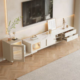 Beige TV Stand with Extendable Design, Glass Doors & Drawer Storage