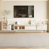 Beige TV Stand with Extendable Design, Glass Doors & Drawer Storage