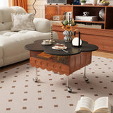 Retro Adjustable Petal-Shaped Coffee Table with Storage in Solid Wood & Stainless Steel