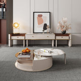 Elegant Round Coffee Table Set in Beige with Sintered Stone & Glass Top, Storage Features