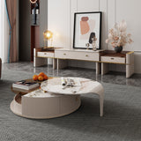 Elegant Round Coffee Table Set in Beige with Sintered Stone & Glass Top, Storage Features