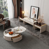 Elegant Round Coffee Table Set in Beige with Sintered Stone & Glass Top, Storage Features