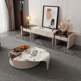 Elegant Round Coffee Table Set in Beige with Sintered Stone & Glass Top, Storage Features