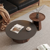 WEHOMZ Round High-Low Combo Coffee Table with Storage in Solid Wood & Black Slate