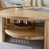 Solid Wood 2-Tiered Japandi Round Coffee Table with Rattan Base