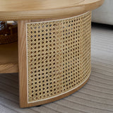 Solid Wood 2-Tiered Japandi Round Coffee Table with Rattan Base