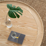 Solid Wood 2-Tiered Japandi Round Coffee Table with Rattan Base