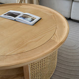 Solid Wood 2-Tiered Japandi Round Coffee Table with Rattan Base