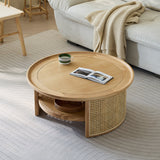 Solid Wood 2-Tiered Japandi Round Coffee Table with Rattan Base