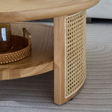 Solid Wood 2-Tiered Japandi Round Coffee Table with Rattan Base