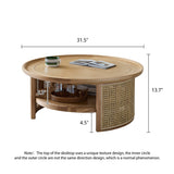 Solid Wood 2-Tiered Japandi Round Coffee Table with Rattan Base
