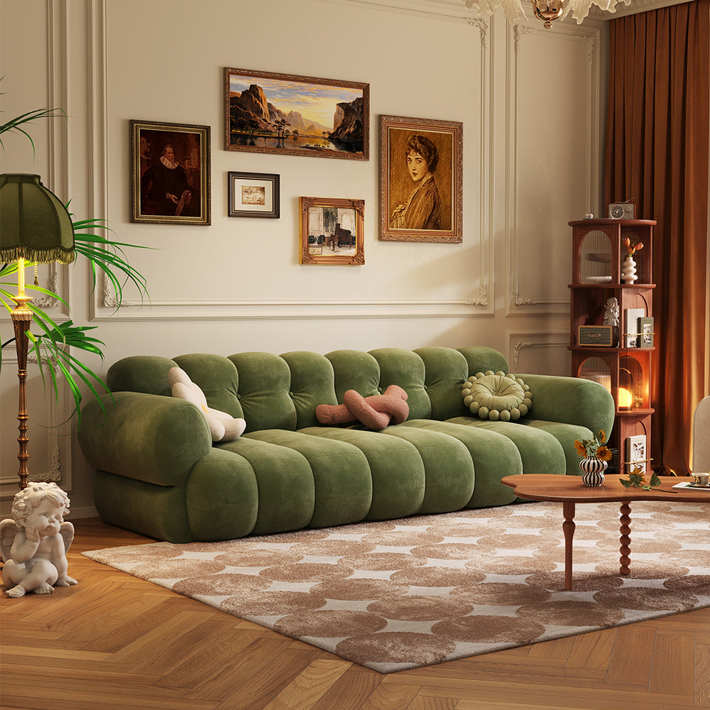 Vintage Marshmallow Sofa in Velvet - Green, Brown & White Tufted Back Design with Comfortable Foam Fill