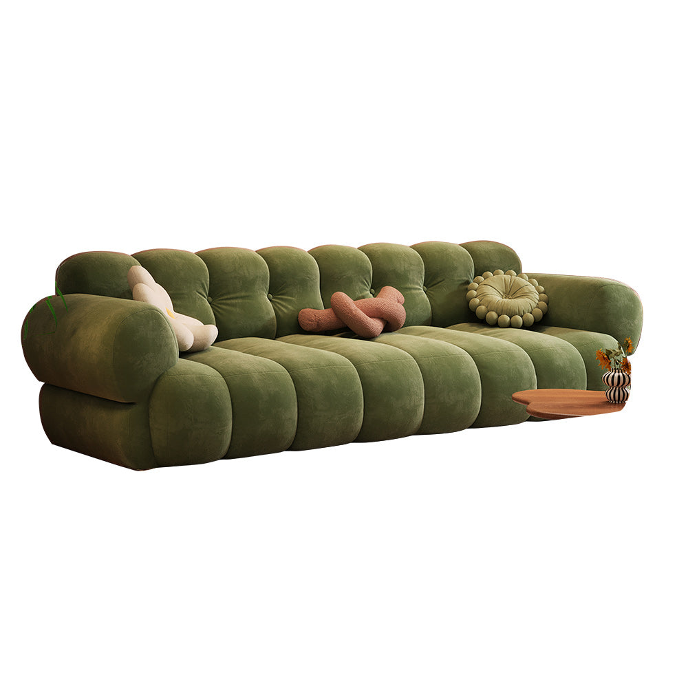 Vintage Marshmallow Sofa in Velvet - Green, Brown & White Tufted Back Design with Comfortable Foam Fill