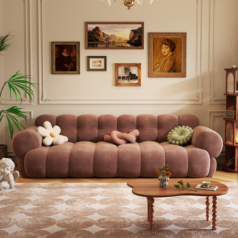 Vintage Marshmallow Sofa in Velvet - Green, Brown & White Tufted Back Design with Comfortable Foam Fill