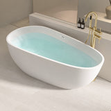 A modern freestanding bathtub with a gold faucet and water inside, set against a neutral background.