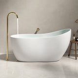 A modern white bathtub with a sleek design and a gold faucet, placed in a minimalistic setting.