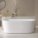 A modern white freestanding bathtub with minimalist design in a chic bathroom setting.