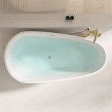 A modern oval bathtub with light blue water from a top-down perspective.