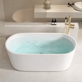 A modern oval freestanding bathtub with water, placed in a stylish bathroom setting.